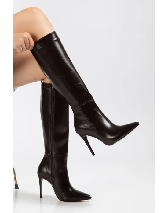 Ls-226 Kahve Kırışık Rugan Fermuarlı Lastikli İnce Yüksek Topuklu Kadın Çizme