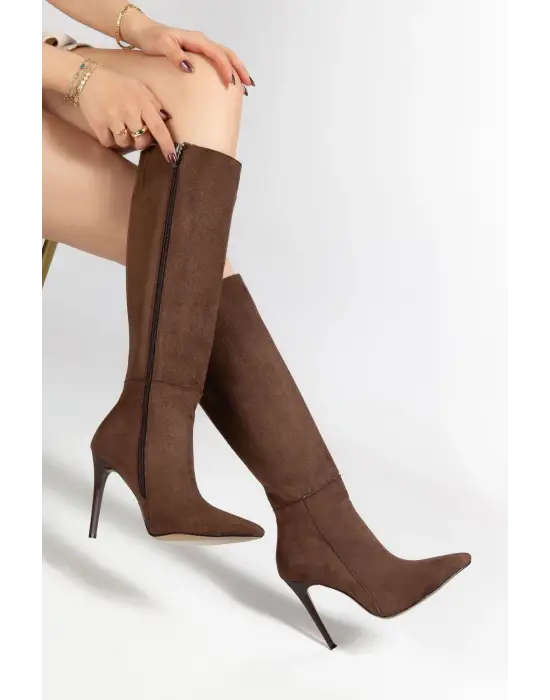 Ls-226 Kahve Süet Fermuarlı Lastikli İnce Yüksek Topuklu Kadın Çizme