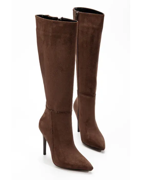 Ls-226 Kahve Süet Fermuarlı Lastikli İnce Yüksek Topuklu Kadın Çizme