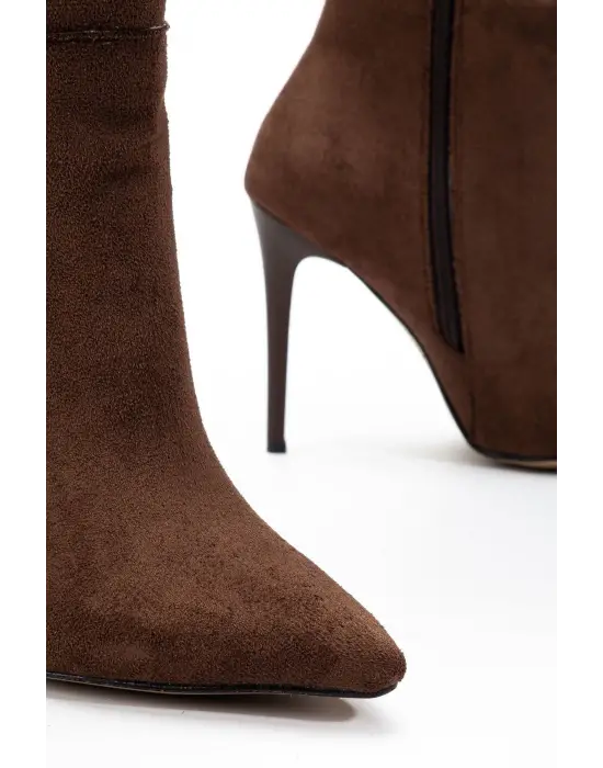 Ls-226 Kahve Süet Fermuarlı Lastikli İnce Yüksek Topuklu Kadın Çizme