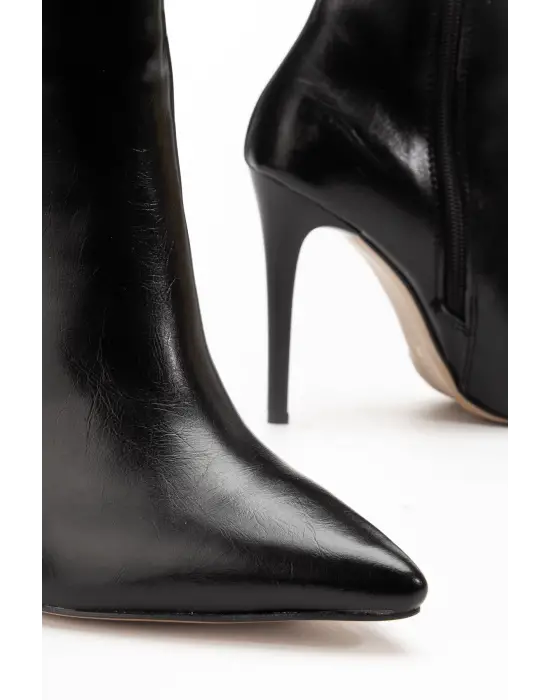 Ls-226 Siyah Kırışık Rugan Fermuarlı Lastikli İnce Yüksek Topuklu Kadın Çizme