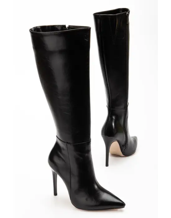 Ls-226 Siyah Kırışık Rugan Fermuarlı Lastikli İnce Yüksek Topuklu Kadın Çizme