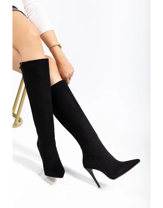 Ls-226 Siyah Süet Fermuarlı Lastikli İnce Yüksek Topuklu Kadın Çizme