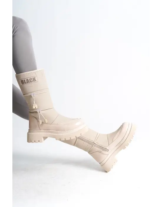 Lucy Lastikli Fermuarlı  Paraşüt Kumaş Rugan Kadın Bot  Kt - Krem
