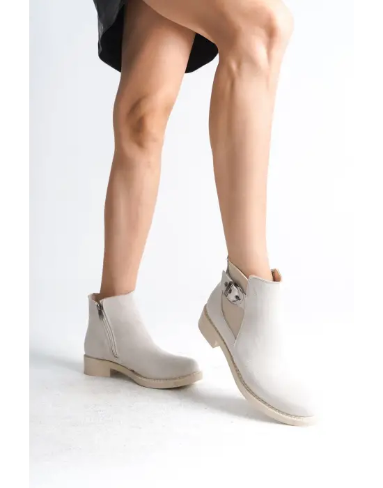 Luna Fermuarlı Lastikli Ortopedik Taban Topuklu Süet Kadın Bot Kt - Krem