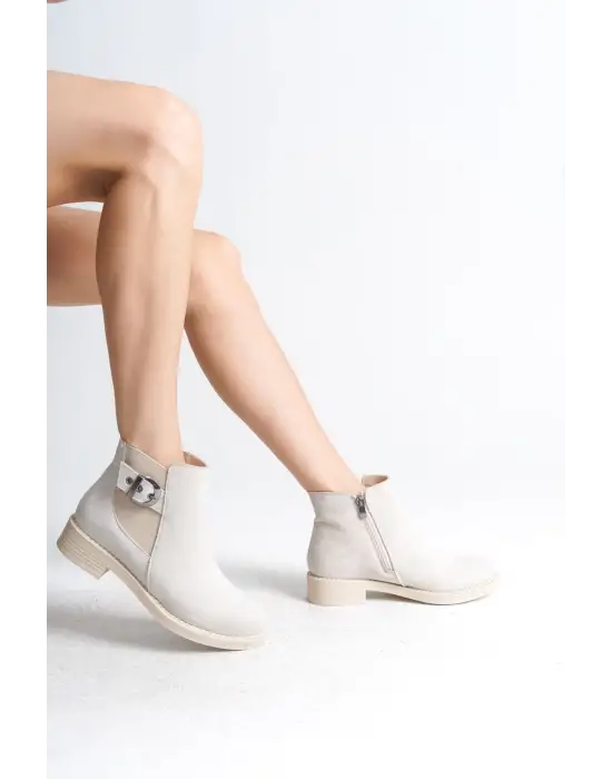 Luna Fermuarlı Lastikli Ortopedik Taban Topuklu Süet Kadın Bot Kt - Krem