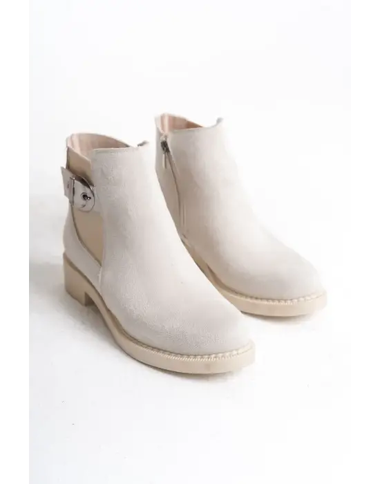 Luna Fermuarlı Lastikli Ortopedik Taban Topuklu Süet Kadın Bot Kt - Krem