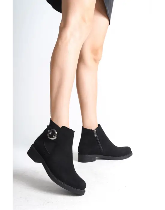Luna Fermuarlı Lastikli Ortopedik Taban Topuklu Süet Kadın Bot  St - Siyah