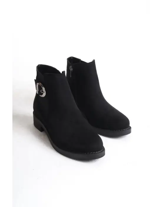 Luna Fermuarlı Lastikli Ortopedik Taban Topuklu Süet Kadın Bot  St - Siyah