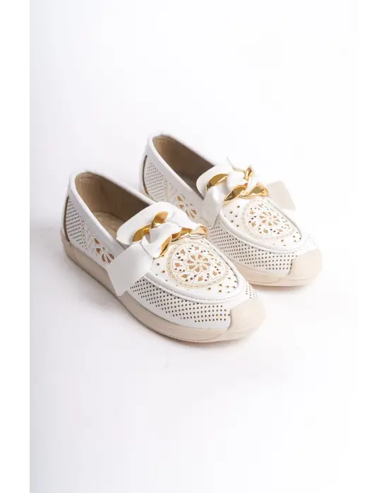 Lydıa Bağcıksız Ortopedik Rahat Taban Çiçek Desenli Kadın Babet Ayakkabı  Kt - Beyaz