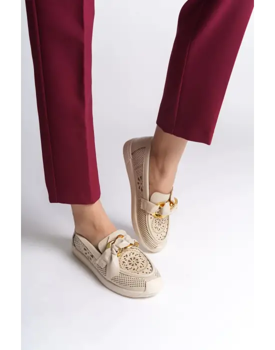 Lydıa Bağcıksız Ortopedik Rahat Taban Çiçek Desenli Kadın Babet Ayakkabı  Kt - Krem