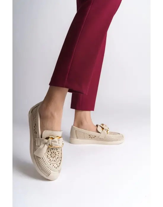 Lydıa Bağcıksız Ortopedik Rahat Taban Çiçek Desenli Kadın Babet Ayakkabı  Kt - Krem