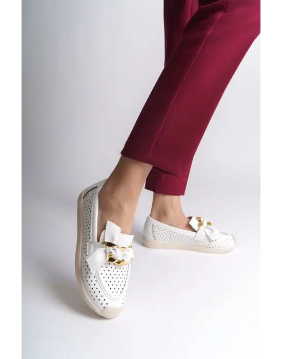 Lydıa Bağcıksız Ortopedik Rahat Taban Kalp Desenli Kadın Babet Ayakkabı  Kt - Beyaz