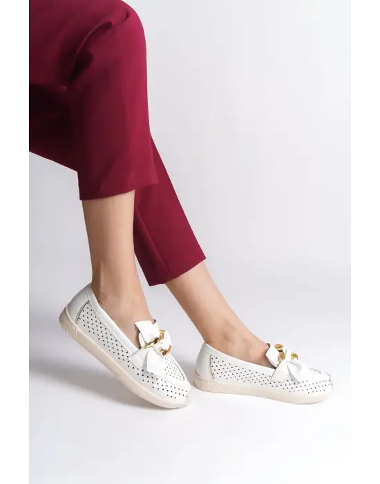 Lydıa Bağcıksız Ortopedik Rahat Taban Kalp Desenli Kadın Babet Ayakkabı  Kt - Beyaz