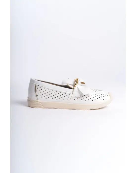 Lydıa Bağcıksız Ortopedik Rahat Taban Kalp Desenli Kadın Babet Ayakkabı  Kt - Beyaz