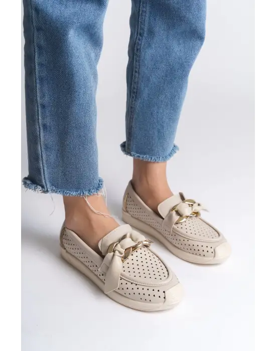 Lydıa Bağcıksız Ortopedik Rahat Taban Kalp Desenli Kadın Babet Ayakkabı  Kt - Krem