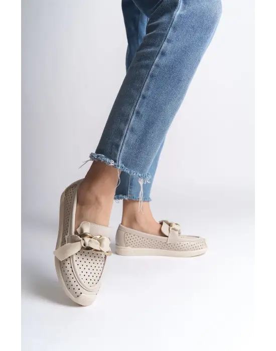 Lydıa Bağcıksız Ortopedik Rahat Taban Kalp Desenli Kadın Babet Ayakkabı  Kt - Krem