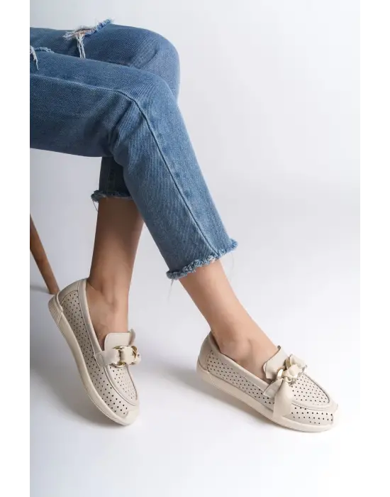 Lydıa Bağcıksız Ortopedik Rahat Taban Kalp Desenli Kadın Babet Ayakkabı  Kt - Krem