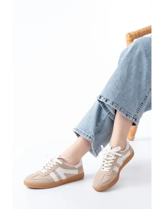 M-1004 Bej Süet Bağcıklı Termo Taban Günlük Kadın Spor