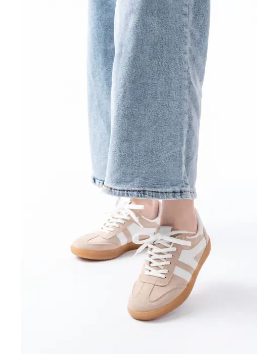 M-1004 Bej Süet Bağcıklı Termo Taban Günlük Kadın Spor