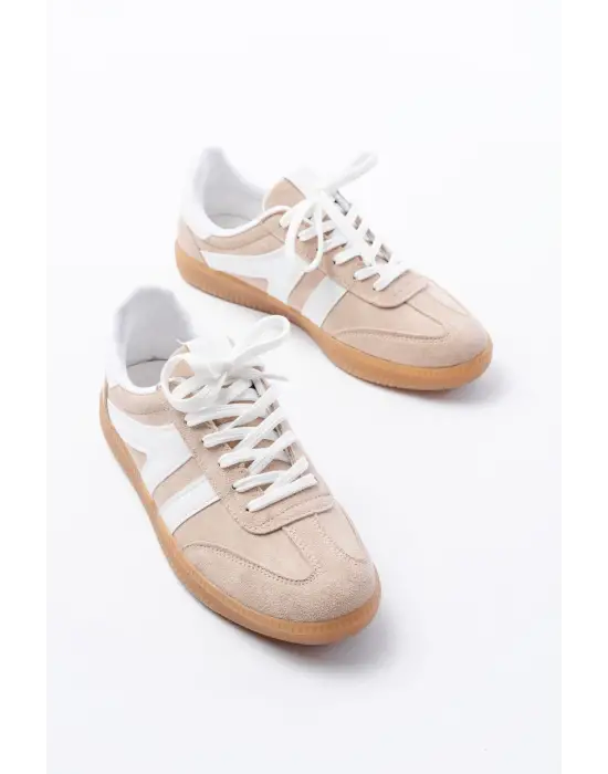 M-1004 Bej Süet Bağcıklı Termo Taban Günlük Kadın Spor