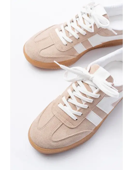 M-1004 Bej Süet Bağcıklı Termo Taban Günlük Kadın Spor