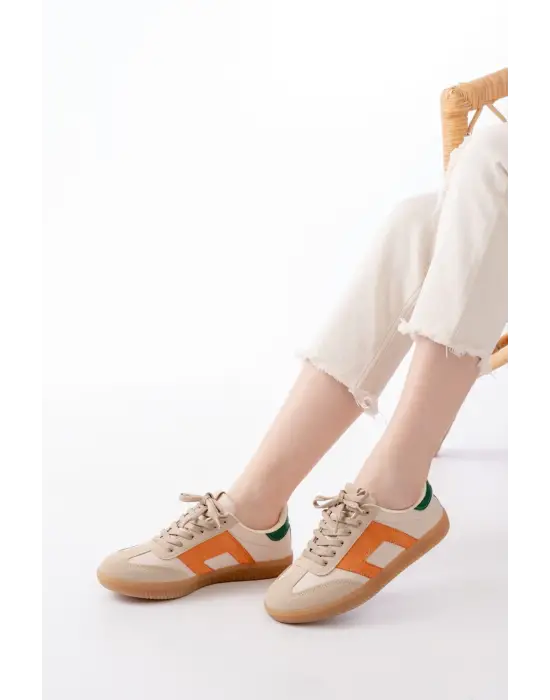 M-5007 Bej Garni  Bağcıklı Termo Taban Günlük Kadın Spor