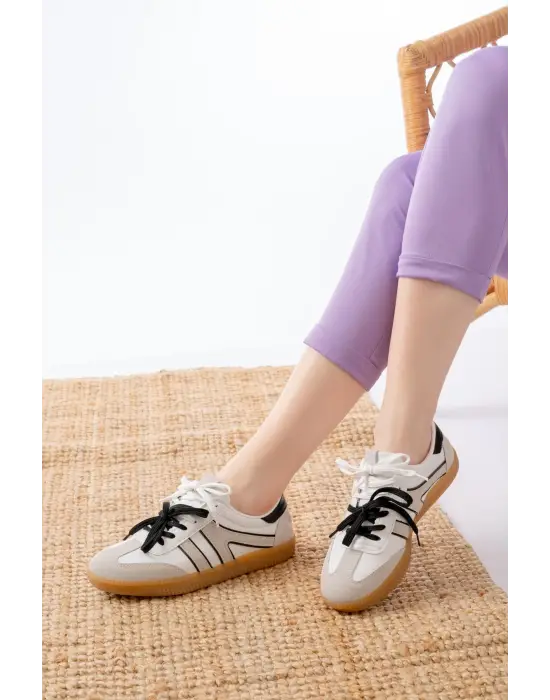 M-6005 Beyaz Garni  Bağcıklı Termo Taban Günlük Kadın Spor