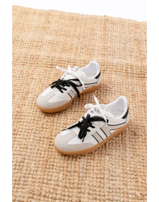 M-6005 Beyaz Garni  Bağcıklı Termo Taban Günlük Kadın Spor