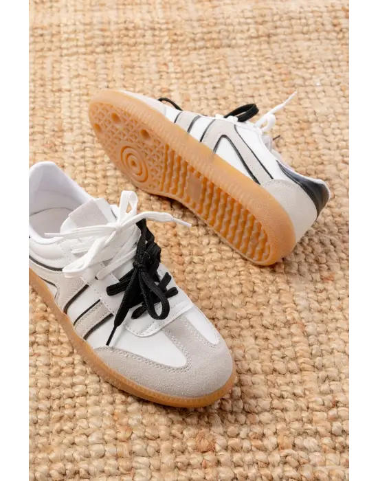 M-6005 Beyaz Garni  Bağcıklı Termo Taban Günlük Kadın Spor