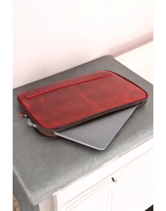 Macbook Air Pro 13 & 13.3 İnç Hakiki Deri Kırmızı Laptop Kılıfı