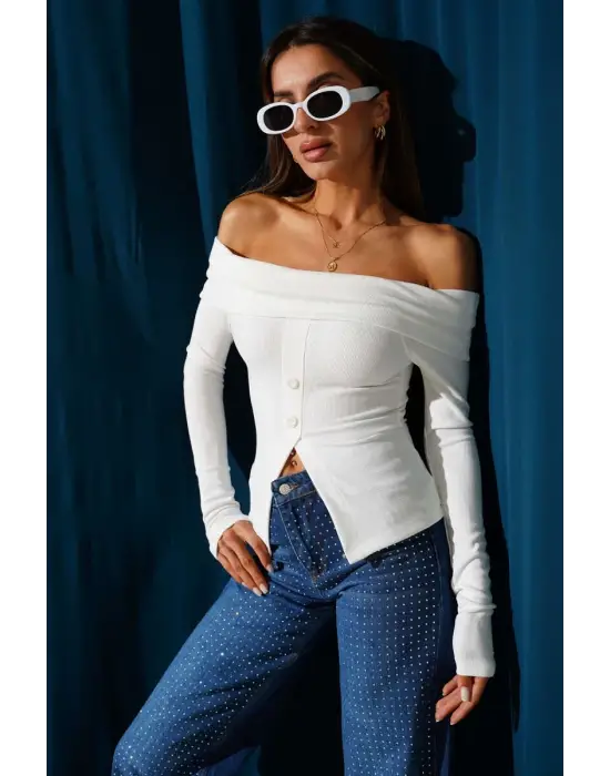 Madonna Yaka Düğmeli Bluz Beyaz T4329