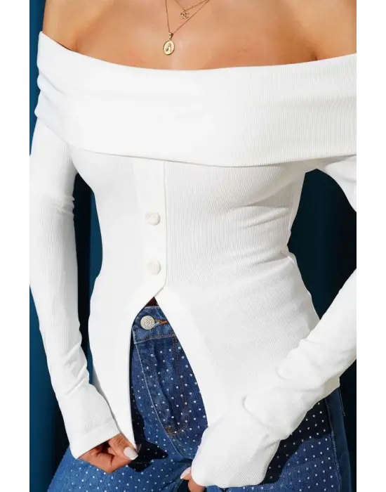 Madonna Yaka Düğmeli Bluz Beyaz T4329
