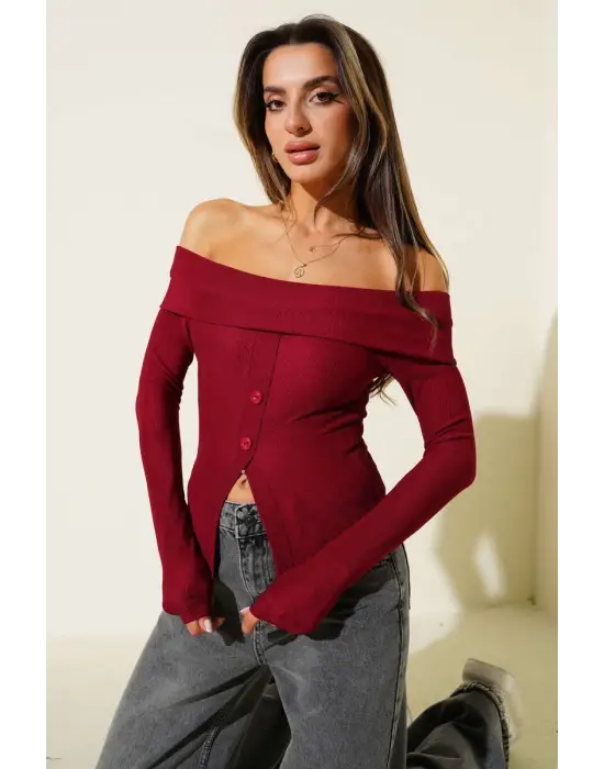 Madonna Yaka Düğmeli Bluz Bordo T4329