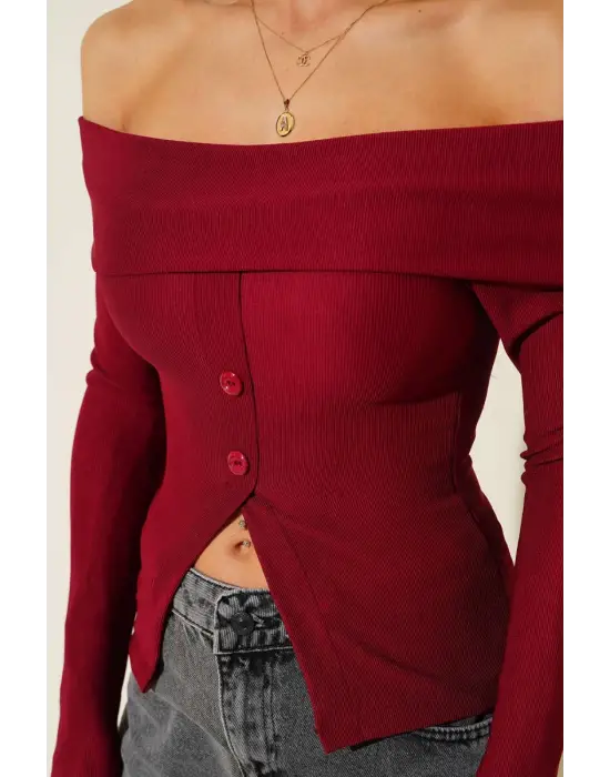 Madonna Yaka Düğmeli Bluz Bordo T4329