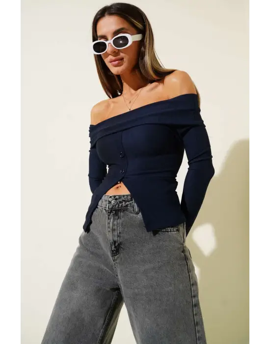 Madonna Yaka Düğmeli Bluz Lacivert T4329
