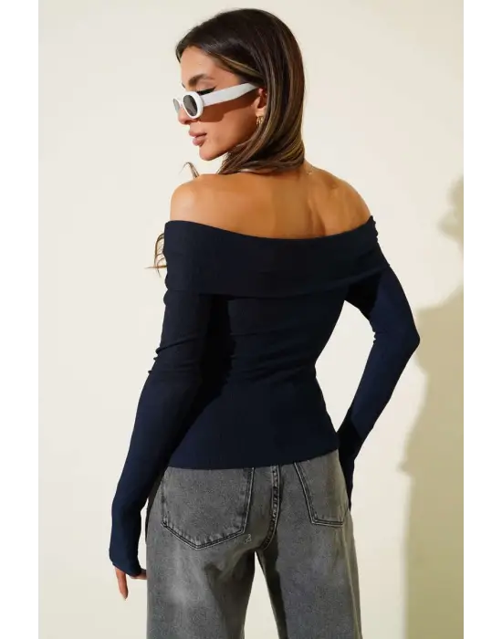 Madonna Yaka Düğmeli Bluz Lacivert T4329
