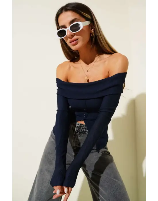 Madonna Yaka Düğmeli Bluz Lacivert T4329