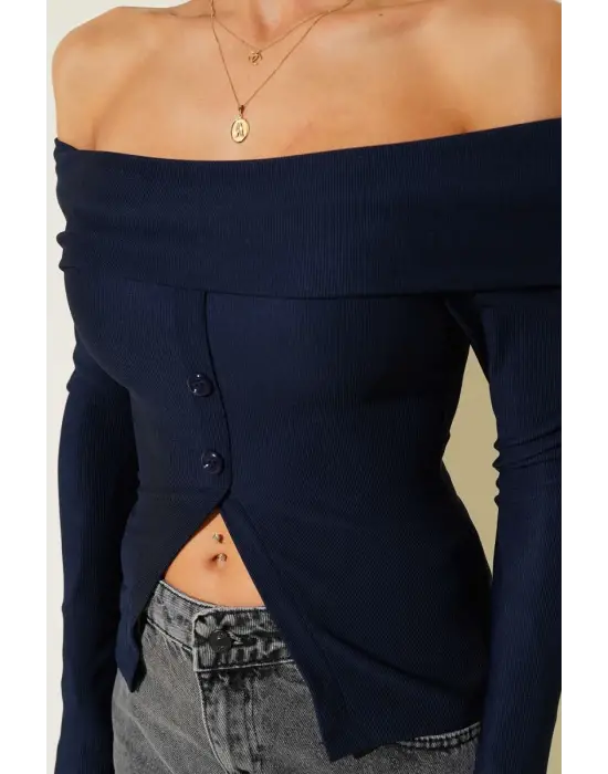 Madonna Yaka Düğmeli Bluz Lacivert T4329