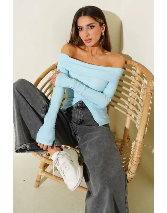 Madonna Yaka Düğmeli Bluz Mavi T4329