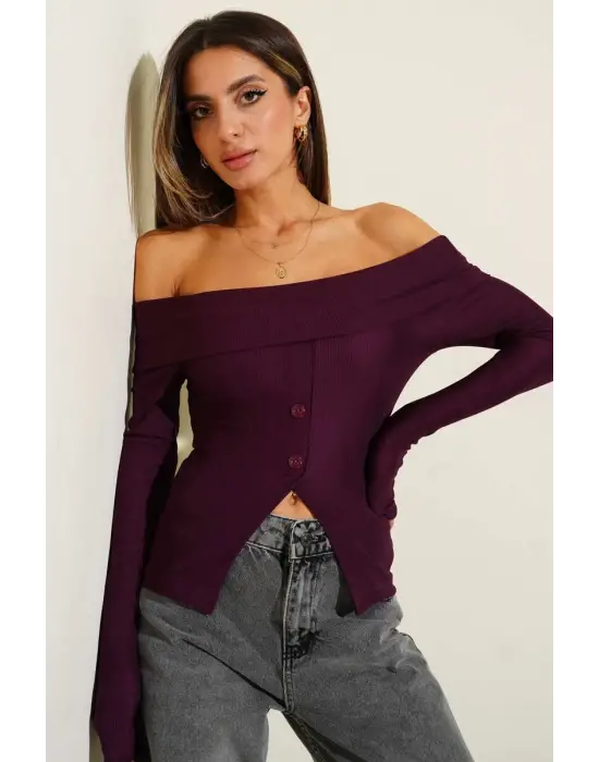 Madonna Yaka Düğmeli Bluz Mürdüm T4329