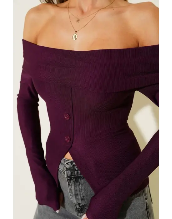 Madonna Yaka Düğmeli Bluz Mürdüm T4329