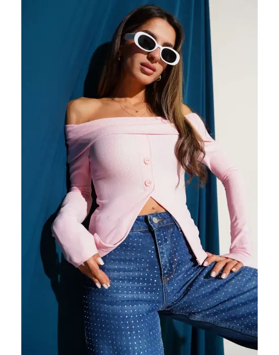 Madonna Yaka Düğmeli Bluz Pembe T4329