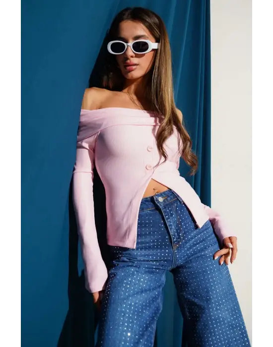 Madonna Yaka Düğmeli Bluz Pembe T4329