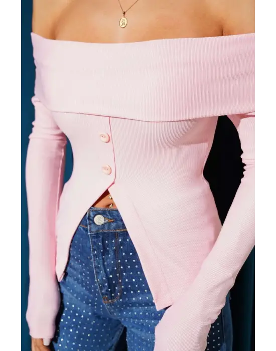 Madonna Yaka Düğmeli Bluz Pembe T4329