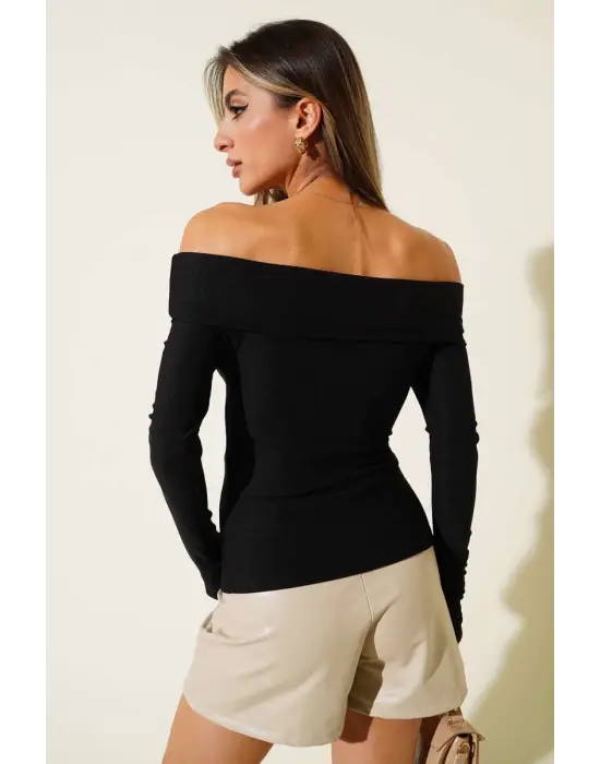 Madonna Yaka Düğmeli Bluz Siyah T4329