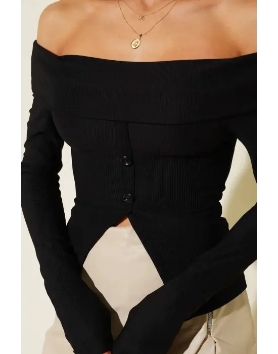 Madonna Yaka Düğmeli Bluz Siyah T4329