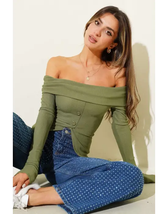 Madonna Yaka Düğmeli Bluz Yeşil T4329