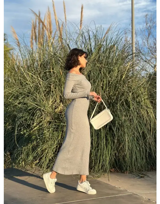 Madonna Yaka Uzun Elbise Şardonlu Kumaş Gri W3753