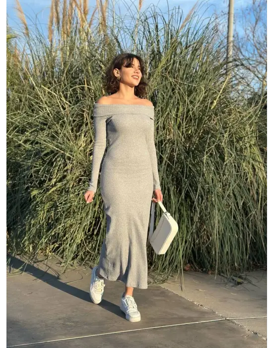 Madonna Yaka Uzun Elbise Şardonlu Kumaş Gri W3753